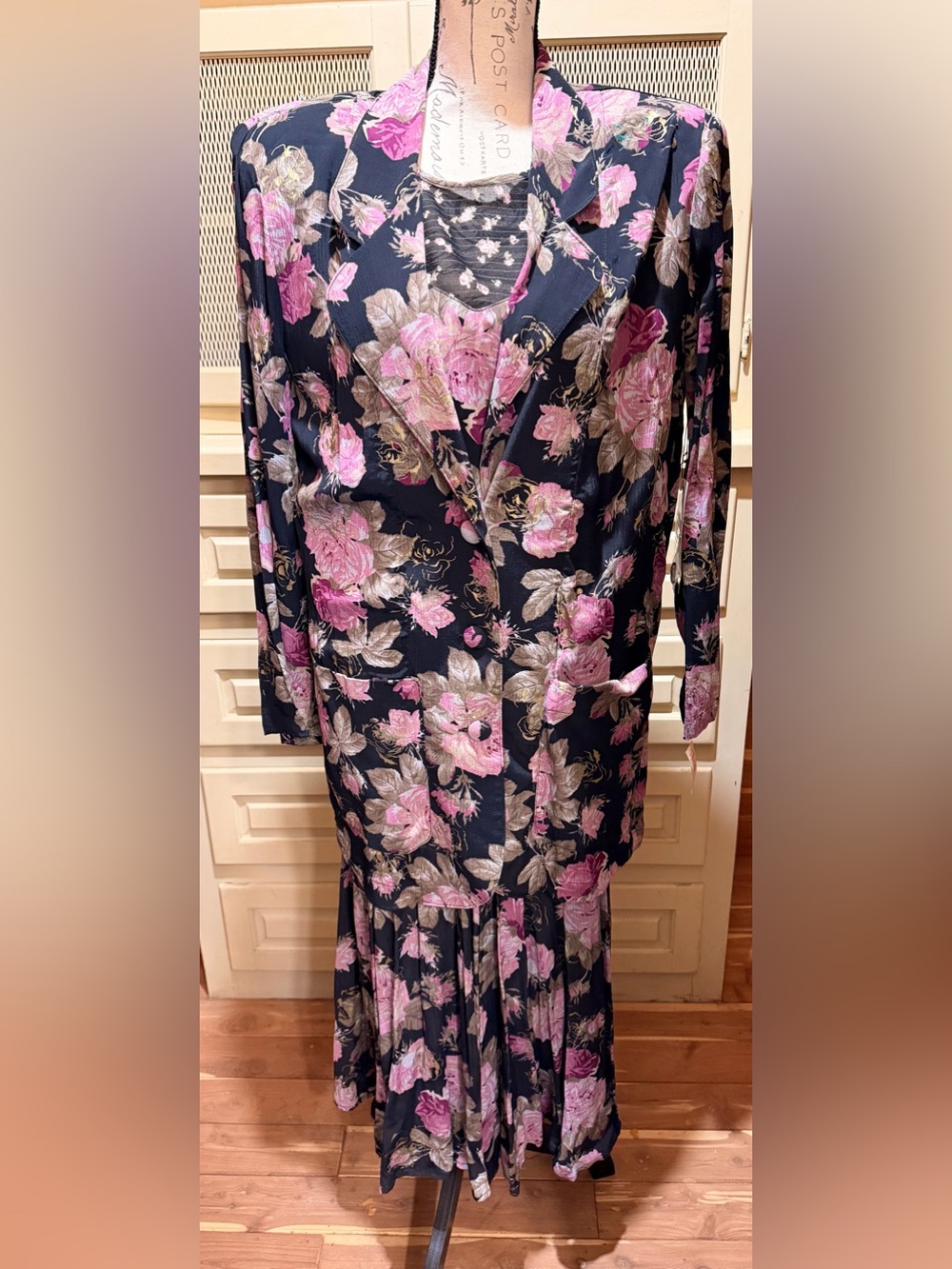 VTG Carole Little NWT 3Pc Rose Rayon Blazer Skirt Sheer Top Set Capsule